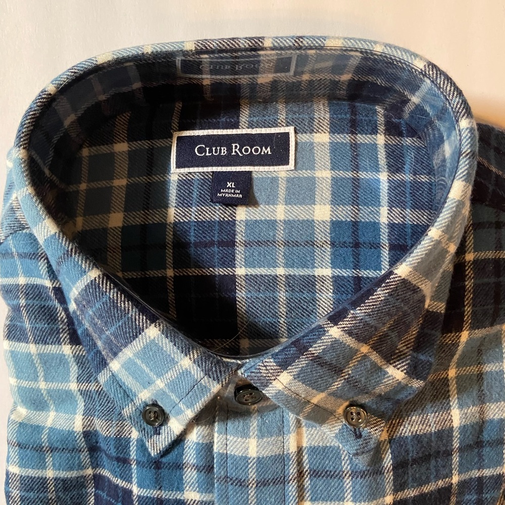 🆕NEW-MEN’S CLUB ROOM BY MACY’S FLANNEL BLUE AND WHITE PLAID BUTTON DOWN SHIRT. - Picture 2 of 15